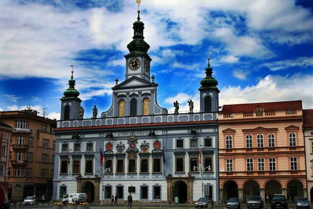 Beautiful facades line the České Budějovice main square.