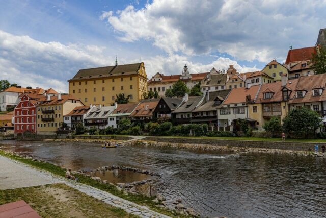 Colorful houses lining the Vltava River in Cesky Krumlov, south Bohemia