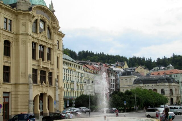 Main square in Karlovy Vary with hot springs.