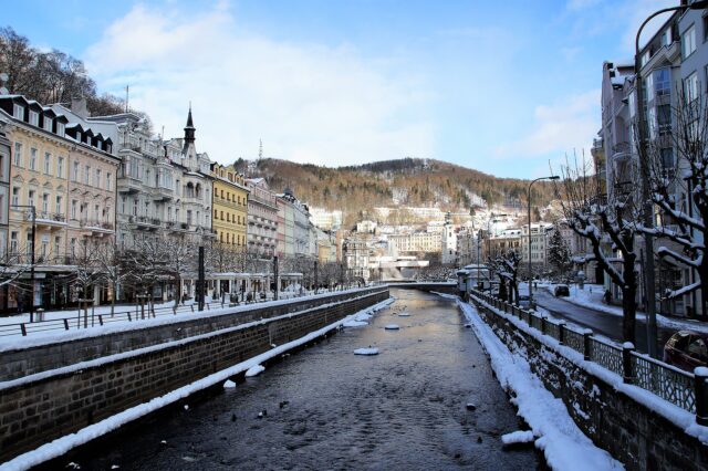 Winter view of the river running through Karlovy Vary