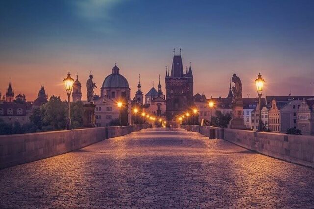 View of the Charles Bridge at night.