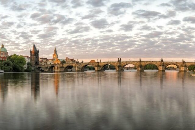 Morning sunrise over the Charles Bridge in Prague.