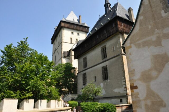 Inside the courtyard of Karlštejn Castle with it's impressive towers.